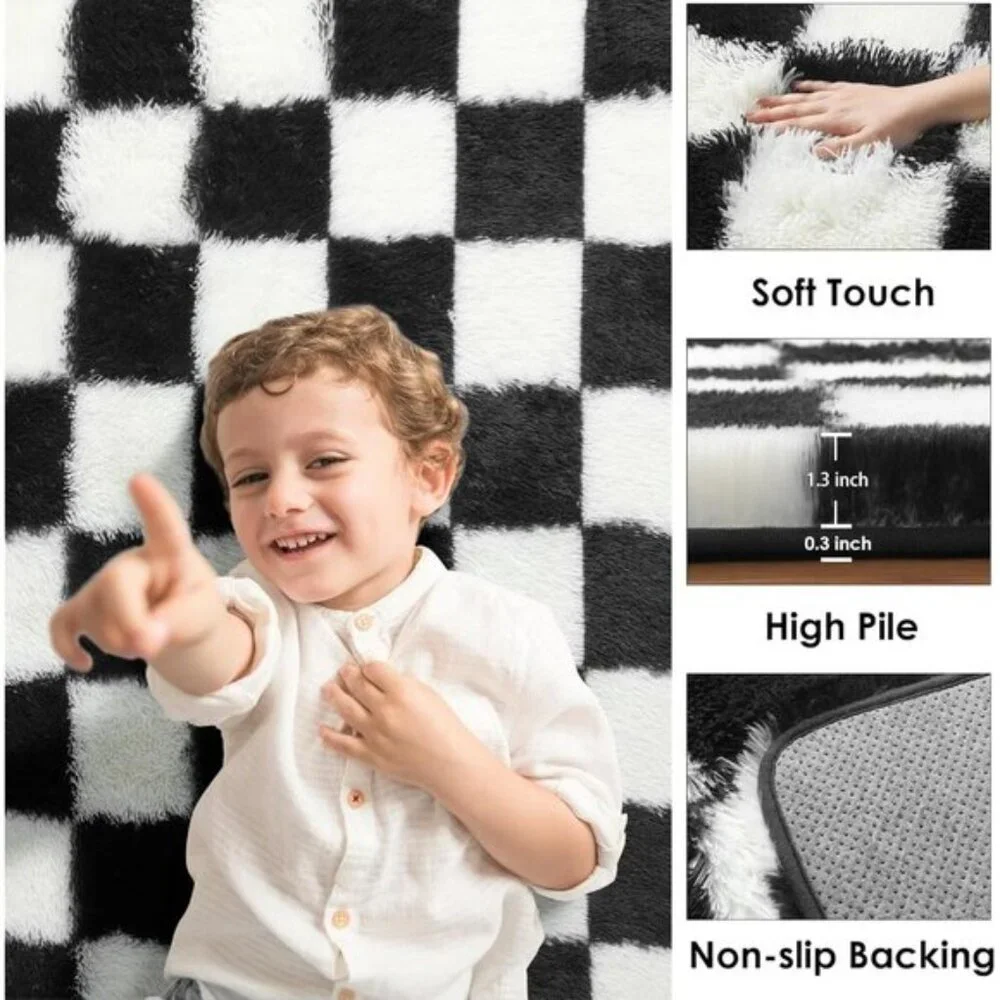 New 4x6 Black & White Checkered Rug – Fluffy Soft Shaggy Area Rug